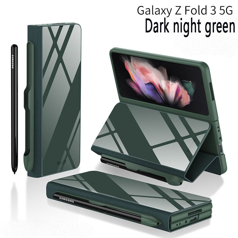 2022  New High-end Side Pen Slot Carbon Fiber Embossed Glass Phone All-Inclusive Z Fold 3  Case