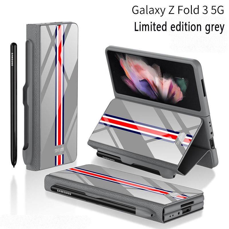 2022  New High-end Side Pen Slot Carbon Fiber Embossed Glass Phone All-Inclusive Z Fold 3  Case