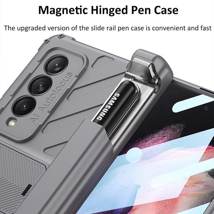 Magnetic All-included Slide Pen Case With Back Screen Glass Hinge Holder Phone Cover For Samsung Galaxy Z Fold 3 5G